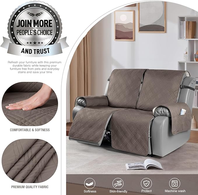TAOCOCO 100% Waterproof Oversized Loveseat Recliner Cover, Non Slip Split Couch Covers for Reclining Loveseat with Elastic Straps for Kids Pets(Oversized 2 Seater, Taupe)
