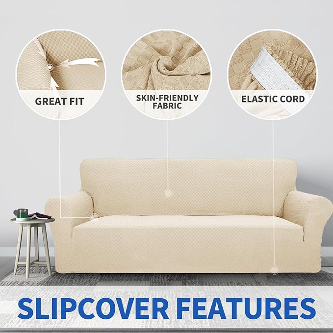 ZNSAYOTX 1 Piece Jacquard Couch Covers for 2 Cushion Couch High Stretch Loveseat Slipcover for Pets Dogs Anti Slip Love Seat Sofa Slipcover Furniture Protector (Loveseat, Light Beige)