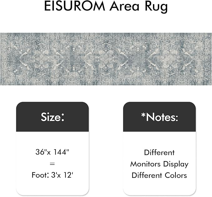 Washable 3x12 Runner Rug - Non-Slip Vintage Thin Rug for Entryway Low-Pile Medallion Long Rugs for Hallway Waterproof Traditional Runner Indoor Thin Rug for Kitchen (Blue)