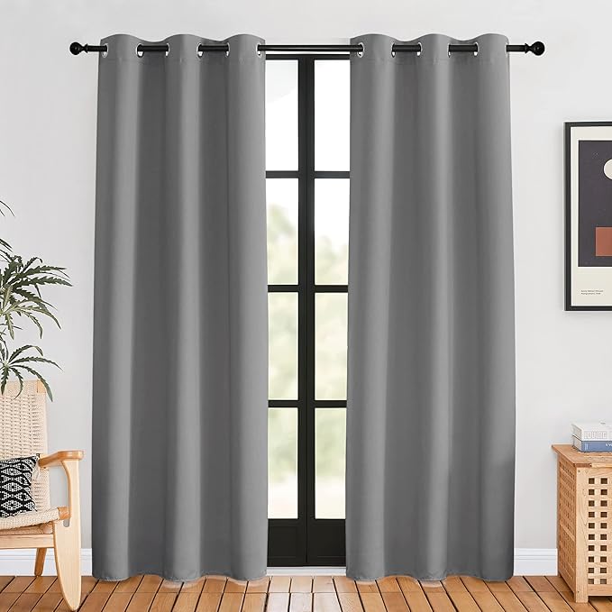 NICETOWN Bedroom Curtains Blackout Drapery Panels, 2 Panels, 42 x 80 inches, Silver Grey, Three Pass Microfiber Thermal Insulated Solid Ring Top Blackout Window Curtains/Drapes