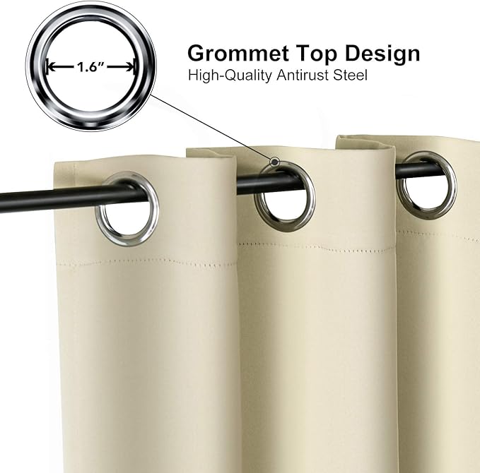 ChrisDowa Grommet Room Darkening Curtains for Bedroom and Living Room - 2 Panels Set Thermal Insulated Blackout Curtains (Beige, 52 x 95 Inch)