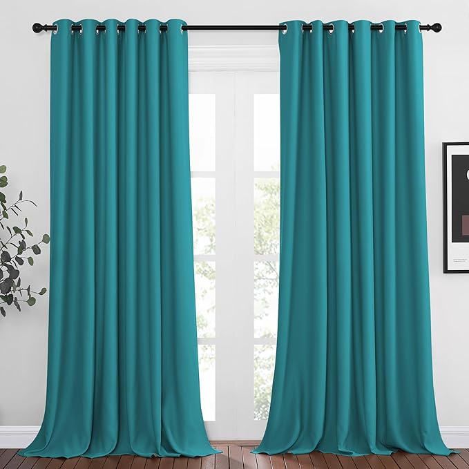 NICETOWN Bedroom Blackout Curtains Panels - Triple Weave Energy Saving Thermal Insulated Solid Grommet Blackout Draperies for Patio (80 inches by 108 Inch, Peacock Teal, Set of 2)