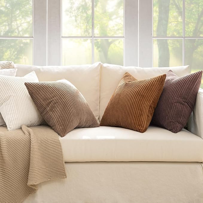 MIULEE Boho Farmhouse Throw Pillow Covers 24x24 Inch Set of 4 Rustic Mordern Neutral Cushion Covers Soft Corduroy Nordic Home Decor for Couch Bed Sofa Living Room Brown