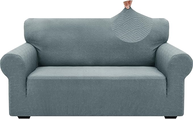 ZNSAYOTX 1 Piece Jacquard Couch Covers for 2 Cushion Couch High Stretch Loveseat Slipcover for Pets Dogs Anti Slip Love Seat Sofa Slipcover Furniture Protector (Medium, New Pattern Light Grey)