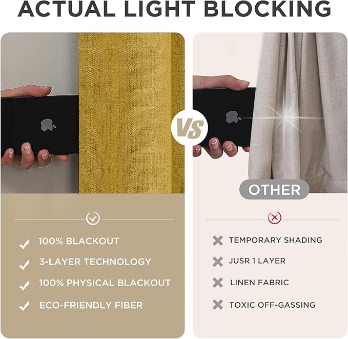 Joydeco Linen Blackout Curtains for Bedroom - 100% Light Blocking 1 Panels, Yellow Drapes 100" W x 90" L, Thermal Insulated Room Darkening Curtains for Living Room, Rod Pocket & Back Tabs