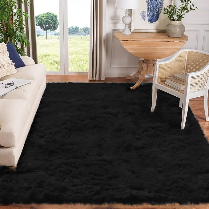 Goolela Black Sheepskin Area Rug 8x10 Fluffy Fuzzy Furry Shag Carpet for Living Room Bedroom Faux Fur Plush Rectangle