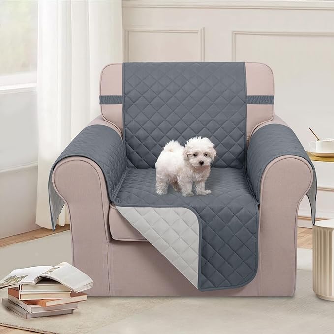 U-NICE HOME Reversible Oversized Chair Covers Quilted Water Repellent Pet Protectors with Elastic Straps(28''Armchair, Dark Blue/Light Grey)