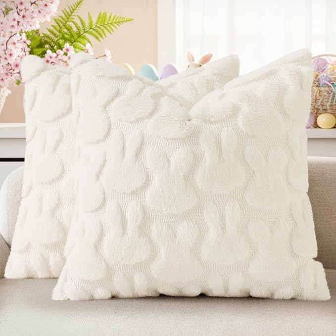 decorUhome Easter Bunny Pillow Covers 18x18 Inch Set of 2, Soft Plush Faux Wool Jacquard Cream White Rabbit Cushion Covers, Farmhouse Neutral Spring Easter Holiday Decor for Couch Sofa Bed