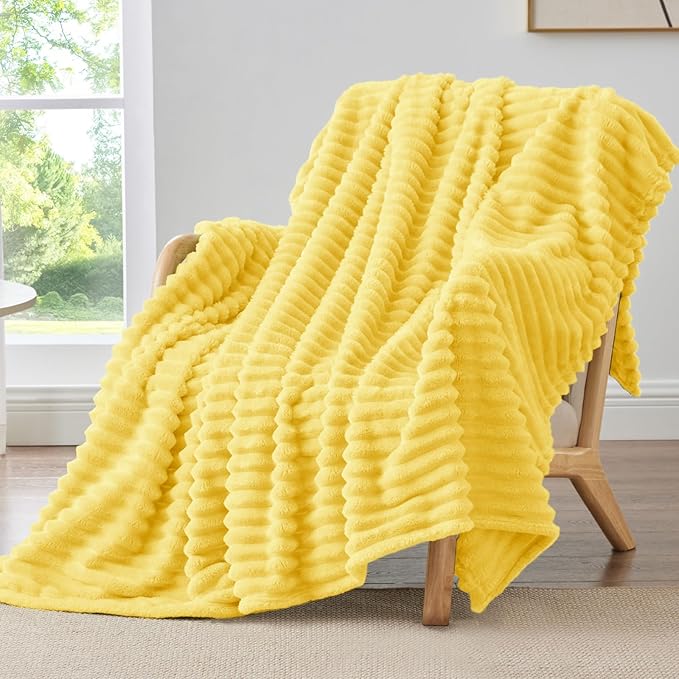 BEDELITE Twin Blanket for Couch & Bed, 300GSM Soft & Warm Fleece Blanket, Decorative and Giftable Striped Custard Yellow Blankets for Women, Men, 60"x80"