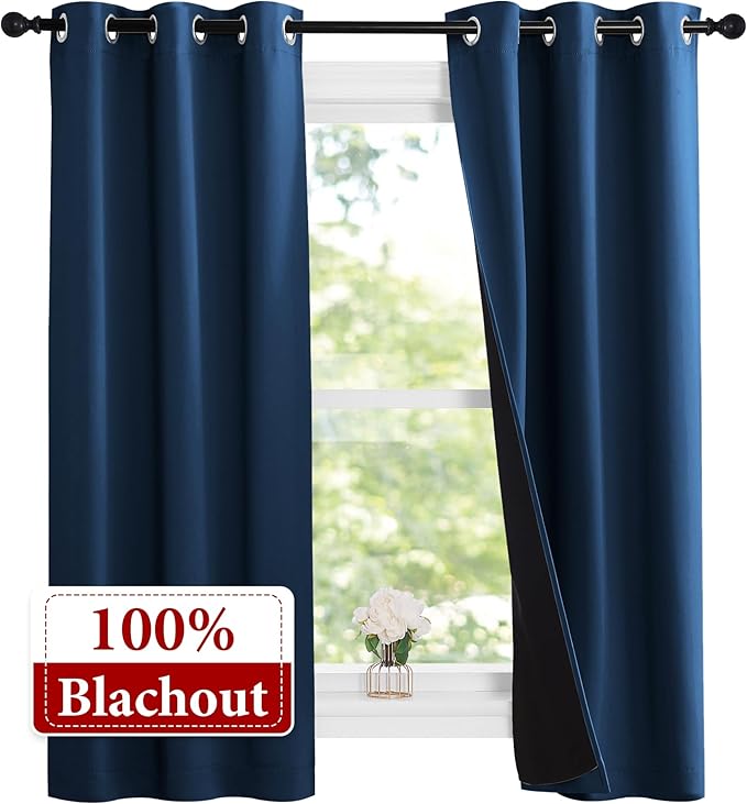 NICETOWN 100% Blackout Short Curtains with Black Liners, 2 Panels, 37"W by 63"L, Moroccan Blue, Solid Thermal Insulated Full Blackout 2-Layer Lined Drapes, Energy Efficiency Window Drapes for Bedroom