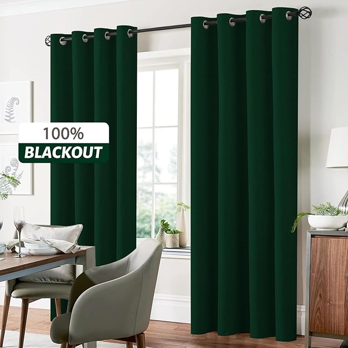 Yakamok Dark Green Linen Curtains 100% Blackout 84 Inches Long,Room Darkening Textured Drapes for Living Room Thermal Grommet Bedroom Curtains 2 Panels with White Liner