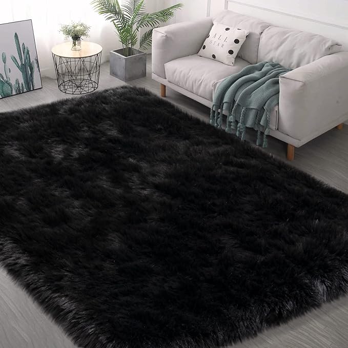 Black Faux Fur Rug for Bedroom 3'x5' Soft Shag Fuzzy Rugs for Living Room, Furry Bedside Nursery Rug Plush Indoor Floor Carpet for Kids Room Teen Dorm