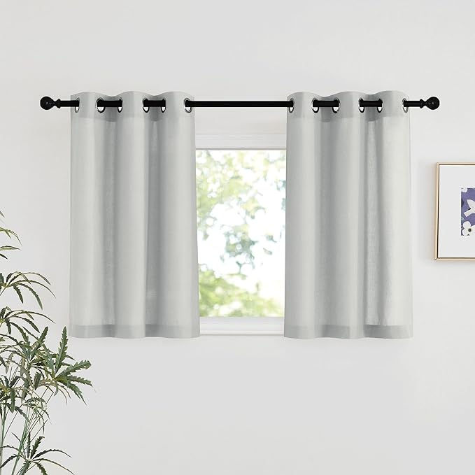 NICETOWN Gray Linen Kitchen Window Curtains Over Sink, Grommet Thick Linen Gray Short Window Treatments Privacy Assured with Light Filtering for Bedroom/Bathroom, W34 x L36, 2 Panels