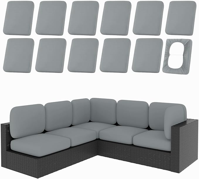 hyha 12Pcs Patio Cushion Covers, Stretch Outdoor Couch Cushion Covers Replacement, Washable Outdoor Chair/Sofa Slipcovers for Patio Furniture Cushions Protector with Elastic Bottom(Gray,Cover Only)