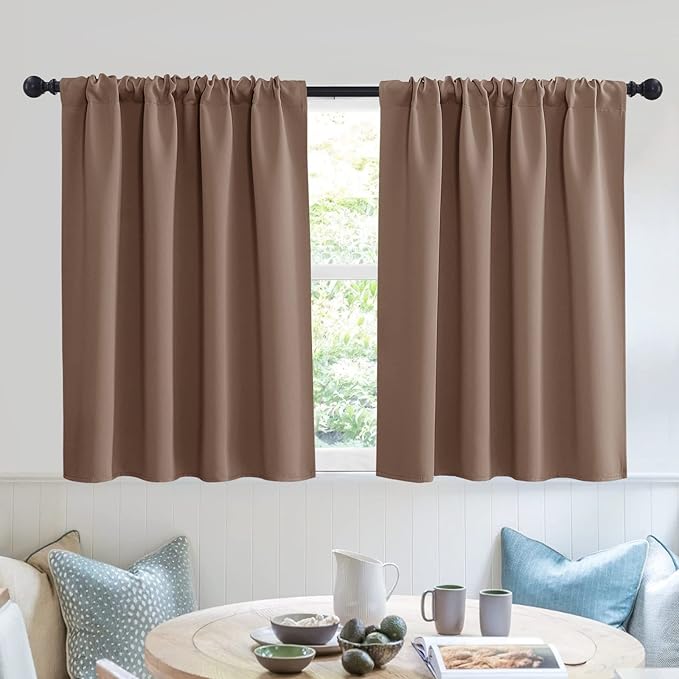 RYB HOME Short Blackout Curtains for Small Window, Sunmmer Heat Light Blocking Privacy Protection Curtains for Sunroom Laundry Room Stair Window, Width 52 by Length 36, Mocha, Set of 2