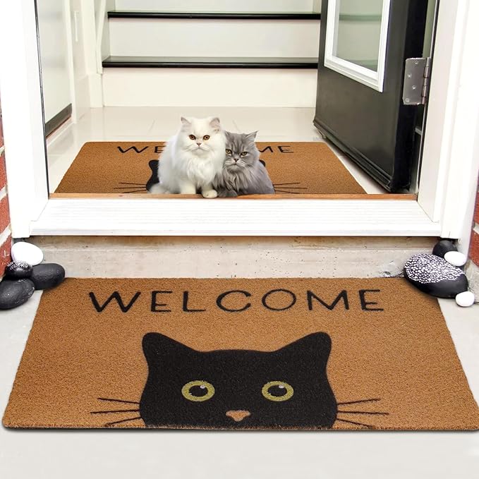 UINI Door Mat Cat Welcome Mat, Black Cat with Green Eyes Doormat, Non-Slip Cat Welcome Mats for Front Door, Outside Entrance, Resist Dirt, 17" x 30"