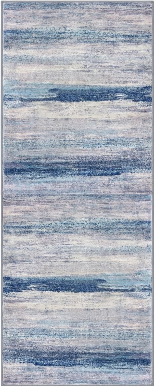KOZYFLY Modern Abstract Washable Rug Runner 2x5 Hallway Rug Runner Non-Slip Soft Kitchen Runner Rugs, Blue/Grey/Beige Striped Carpet for Entryway Bathroom Laundry Room Foyer