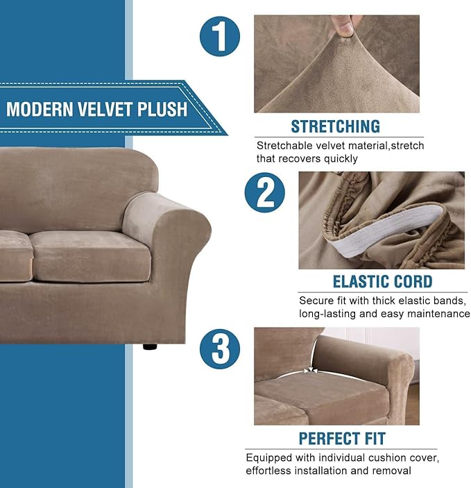H.VERSAILTEX High Stretch Sofa Slipcover 4 Piece Cover Velvet Furniture Protector Form Fit Thick Velvet Extra Large Sofa Cover for 3 Cushion Couch Width Up to 97 Inch (Large Sofa, Camel)