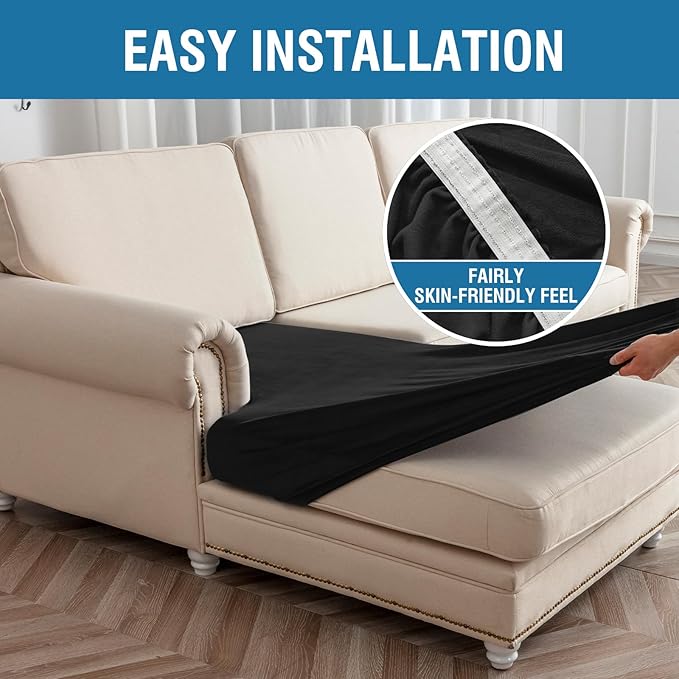 Couch Cover 6-Piece Elastic Velvet Couch Cushion Covers & Chaise Slipcovers for L-Shaped Sofas, Sofa Seat Covers Washable, Soft Cover for Couches (5 Seater + Chaise, Black)
