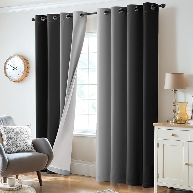Yakamok 100% Blackout Curtains 84 Inch Length 2 Layers,Black Curtains for Bedroom Ombre Room Darkening Grommet Gradient Drapes, Light Blocking Thermal Insulated Window Curtains for Living Room
