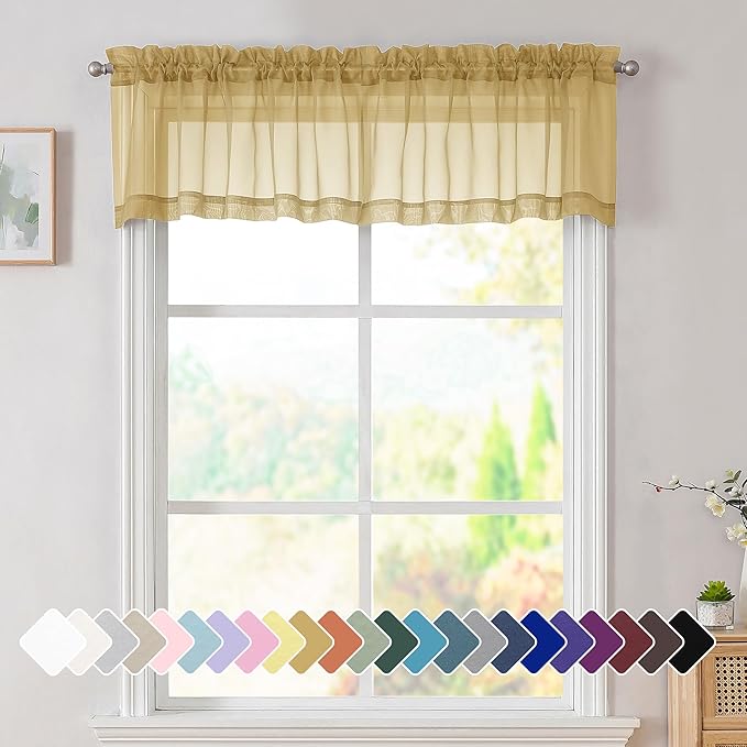 Simplebrand Gold Sheer Valances 14 Inches Long for Living Room Pocket 2 Panel Light Filtering Sheer Translucent Valence Toppers for Window Kitchen Bathroom Bedroom Ivory 42x14 Inch Length