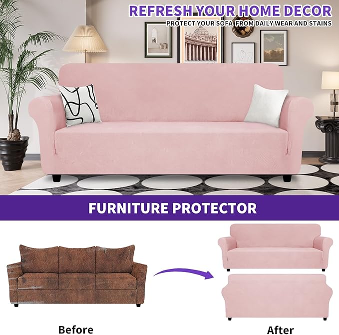 ZNSAYOTX Super Stretch Sofa Cover (72"-92"), New Striped Sofa Covers Fitted Slipcovers with Elastic Bottom, Dog Cat Pets Proof Spandex Washable Fabric Comfortable & Durable (Rose, Sofa)
