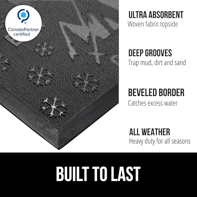 GORILLA GRIP 100% Waterproof All-Season WeatherMAX Doormat 35x23, US Designed Natural Rubber, Stain and Fade Resistant, Low Profile Indoor Outdoor Door Mats, Easy Clean Patio Mat, Graphite Skiing
