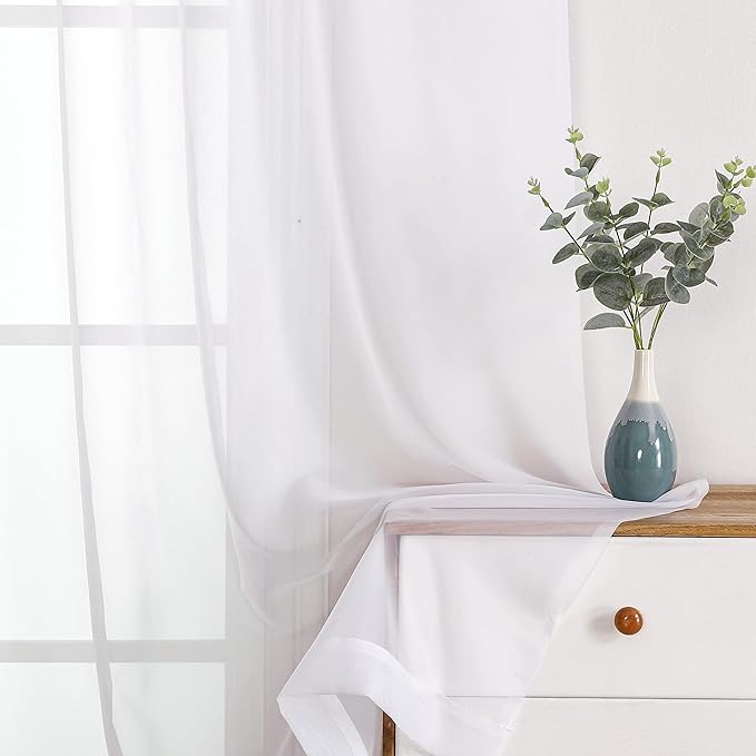 Simplebrand Sheer White Curtains 120 Inches Long, Extra Long Rod Pocket Solid Color Window Sheer Curtain Panels, Elegant Curtains & Drapes for Living Room, Bedroom 2 Panels (White, 2x42x120'')