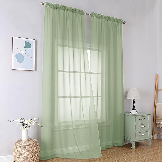 Simplebrand Light Green Sheer Curtains 63 Inch Length 2 Panels, Rod Pocket Solid Color Window Sheer Curtain Panels, Elegant Curtains & Drapes for Living Room, Bedroom 2 Panels, 42" W x 63" L