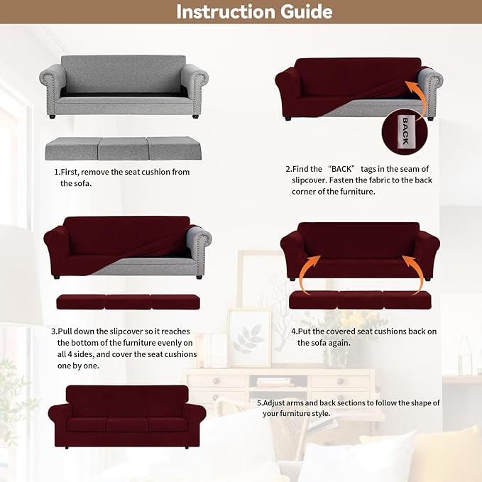 WEERRW Velvet High Stretch Couch Covers for 3 Cushion Couch Sofa Slipcovers, Washable Furniture Protector with Non Slip Elastic Bottom, Feature Soft and Thick Plush Fabric, Burgundy, Large