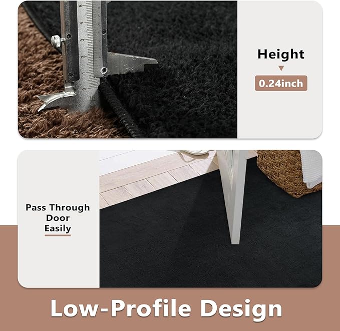FinRèc 5x7 Washable Area Rugs for Bedroom Living Room, Low Pile Thin Rug Solid Color, Non-Slip Carpet Indoor for Home Decor (Pure Black)