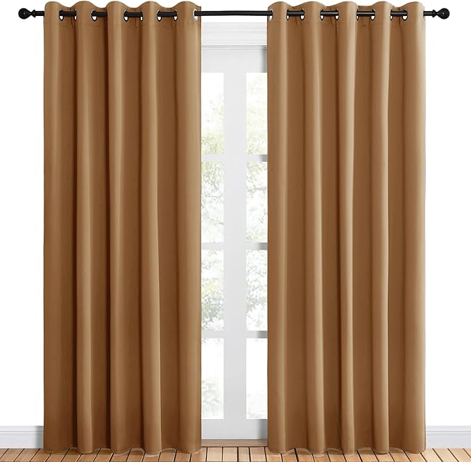 NICETOWN Blackout Draperies Curtains for Kids Room, Window Treatment Thermal Insulated Solid Grommet Blackout Drape Panels for Bedroom (Gold Brown, Set of 2, 60 by 84 inches)
