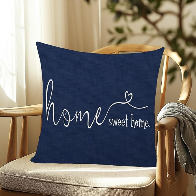 MFGNEH Home Sweet Home Quotes Farmhouse Pillow Covers 18x18 Inch,Farmhouse Decorative Lumbar Throw Pillow Case Cushion Cover,Housewarming Gift,Blue