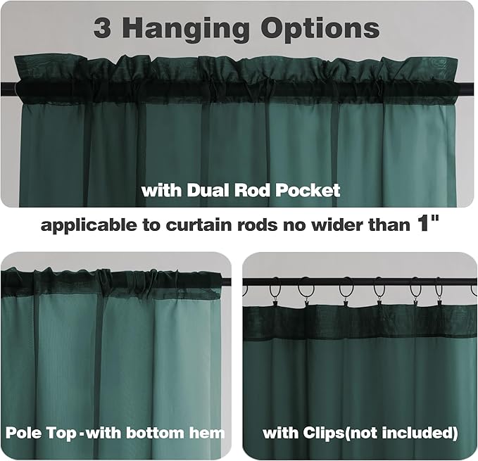 Chyhomenyc Sheer Hunter Green Kitchen Tier Curtains 24 Inch Length Set, Small Window Curtains Treatment for Bathroom/Living Room/Cafe/Basement, Short Voile Curtain Tiers 42in x 24in, Rod Pocket, 2 PCS