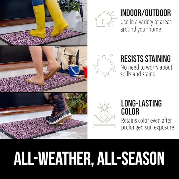 GORILLA GRIP 100% Waterproof All-Season WeatherMAX Doormat, Durable Natural Rubber, Stain and Fade Resistant, Low Profile, Indoor Outdoor Door Mats, Easy Clean Entry Mat, 29x17, Purple Confetti Daisy