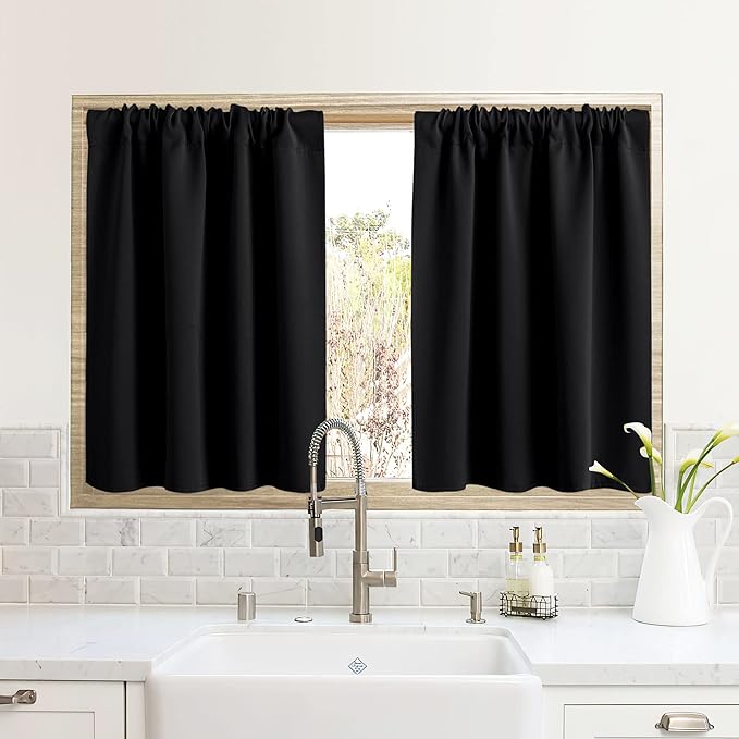 RYB HOME RV Curtains for Camper Windows, Mini Small Thermal Insulated Sunlight Heat Blocking Blackout Privacy Portable Curtains for Travel Trailer, Width 34 by Length 24, Black, 2 Panels