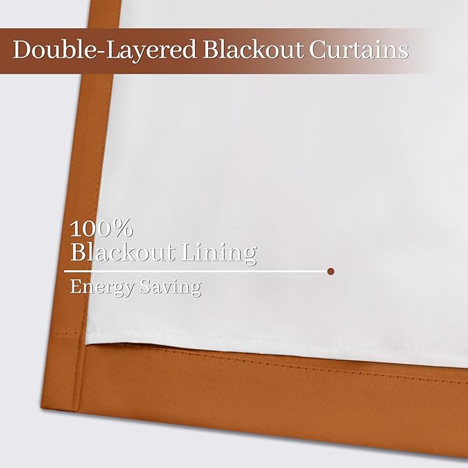 Yakamok Room Darkening 100% Blackout Curtains Grommet Window Treatments with 2 Thick Layers-Burnt Orange Thermal Insulated Drapes Set of 2 Panels for Bedroom Living Room 52 Inches by 63 Inches Length