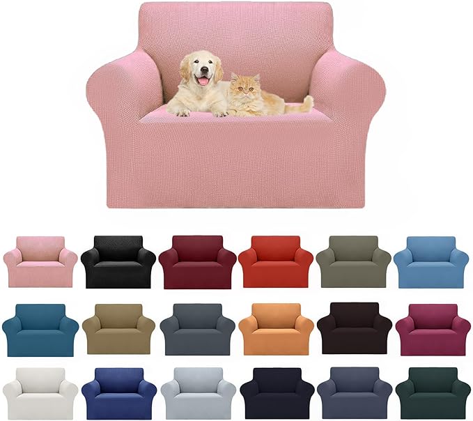 Cupuamon 2026 New Stretch Chair Sofa Slipcovers Couch Cover for 1 Seater Furniture Protector Sofa Covers with Elastic Bottom Jacquard Fabric Small Checks for Pets, Kids - Dusty Pink