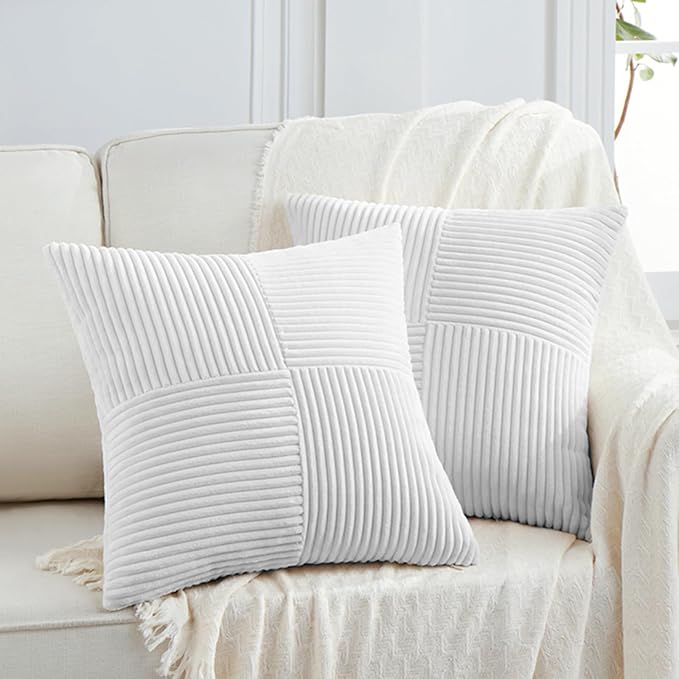 Fancy Homi 2 Packs White Big Decorative Throw Pillow Covers 24x24 Inch for Living Room Couch Bed, Rustic Farmhouse Boho Home Decor, Soft Corss Corduroy Patchwork Accent Square Cushion Case 60x60 cm