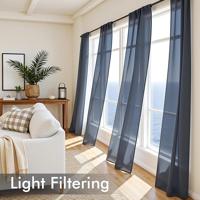 MIULEE Navy Blue Sheer Curtains 63 Inches Long, 4 Panels Set, Light Filtering Rod Pocket Voile Drapes Window Treatments, Semi Transparent Airy Fabric for Bedroom and Living Room, 42 x 63 Inches