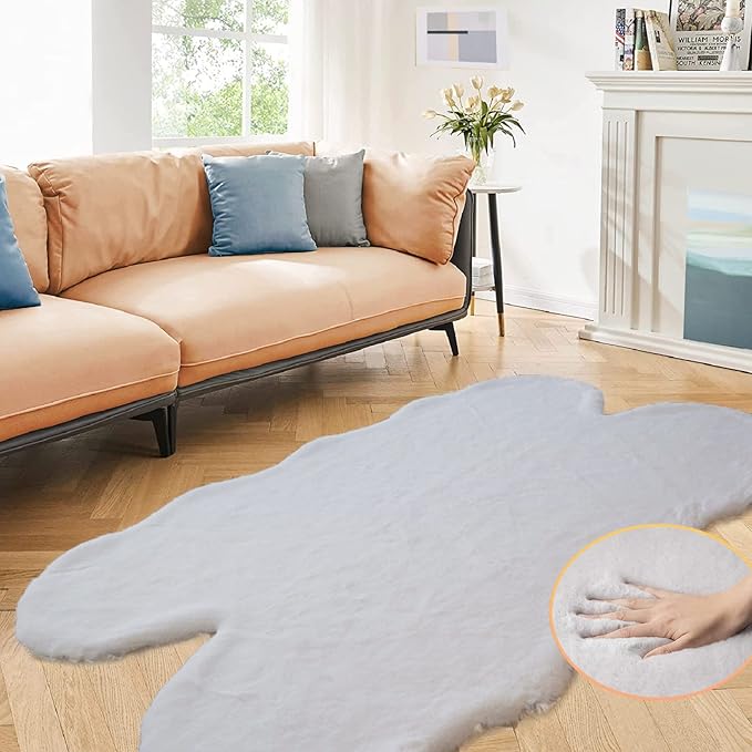 ORINOVA Grey Faux Rabbit Washable Furry Fur Area Rugs for Living Room Bedroom Gray Fluffy Sheepskin Rug Nursery Decor 4x6 Area Rug