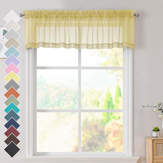 OVZME Mustard Yellow Half Window Sheer Curtains, Modern Top Dual Rod Pocket Light Filtering Voile Drapes for Small Window Cafe Sheer Curtains 2 Panels, 42W x 14L Inch