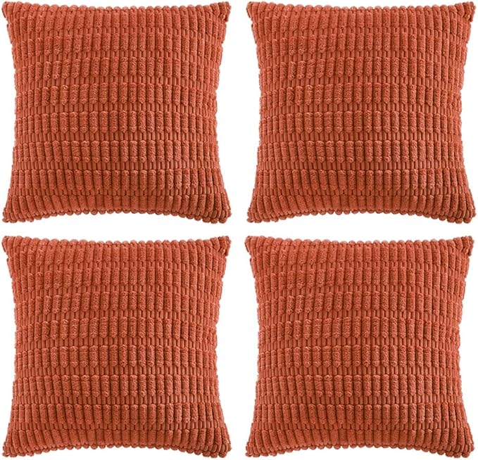 Fancy Homi 4 Packs Boho Burnt Orange Fall Decorative Throw Pillow Covers 22x22 Inch for Couch Bed Sofa, Rustic Modern Farmhouse Home Decor, Soft Plush Corduroy Cute Square Cushion Case 55x55 cm