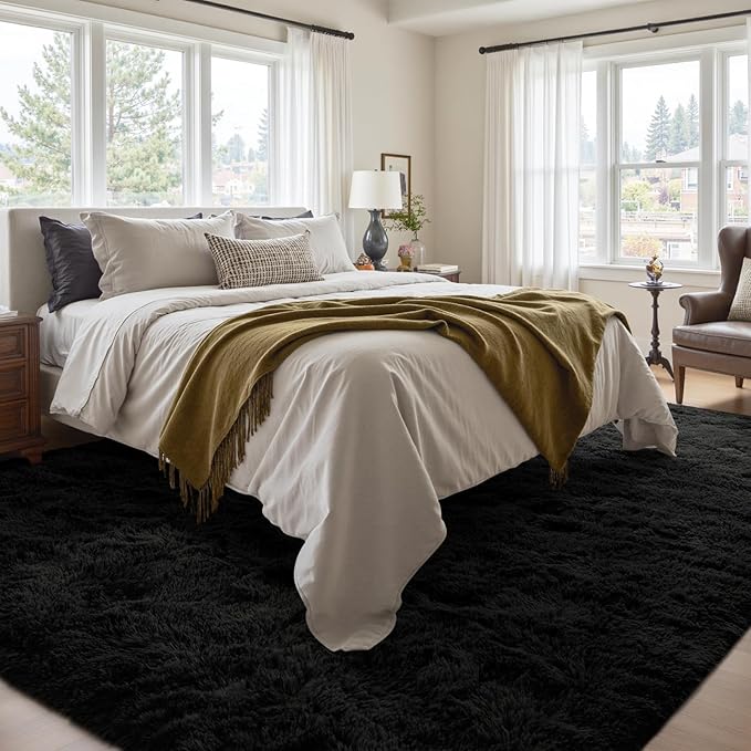 4x6 Ft Shag Black Rugs for Bedroom Living Room, Ultra Soft Fluffy Furry Area Rugs for Indoor Floor, Aesthetic Carpet for Kids Home Decor