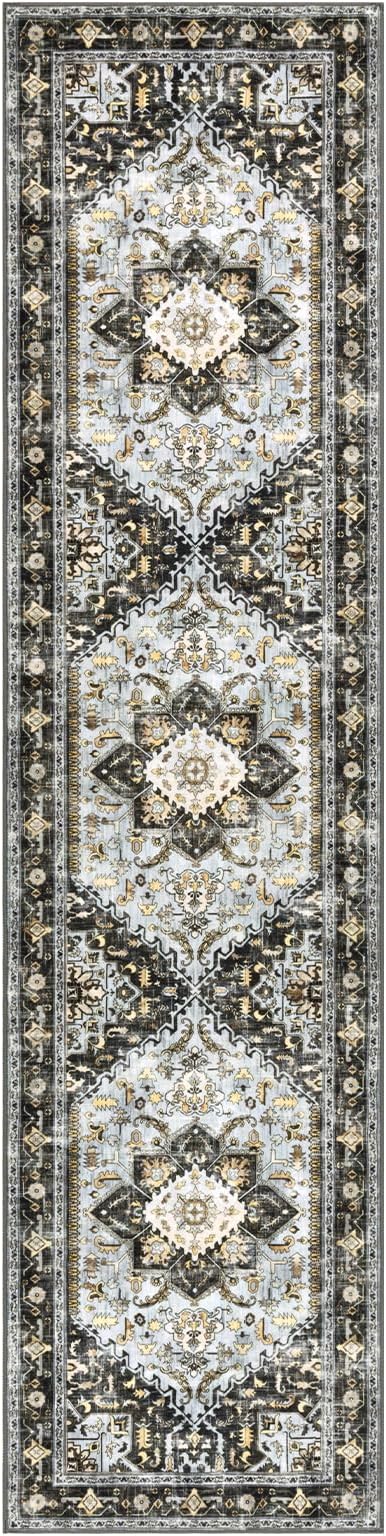 Yamaziot Washable Runner Rug, 2x8 Non-Slip Boho Vintage Hallway Rug Runner with Rubber Backing, Stain Resistant & Low Pile Distressed Carpet Runner for Bedroom, Kitchen, Laundry, Entrance, Black Gold
