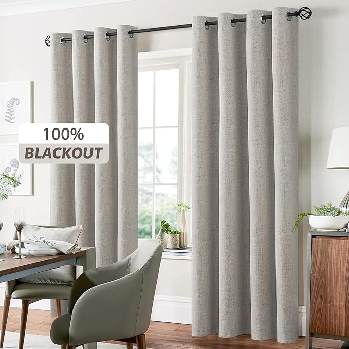 Yakamok Oatmeal Linen Curtains 100% Blackout 72 Inches Long,Room Darkening Textured Curtains for Living Room Thermal Grommet Bedroom Curtains 2 Panels with White Liner