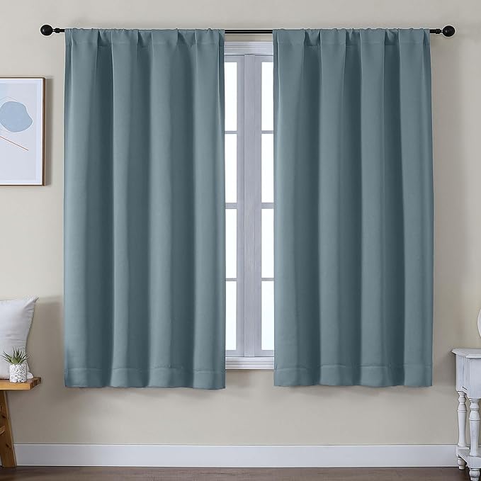 Simplebrand Ava Stone Blue Blackout Curtains for Bedroom 63 Inch Length 2 Panels Set, Solid Thermal Insulated Privacy Living Room Window Treatment Curtains Blackout Drapes, W50 x L63 Inch