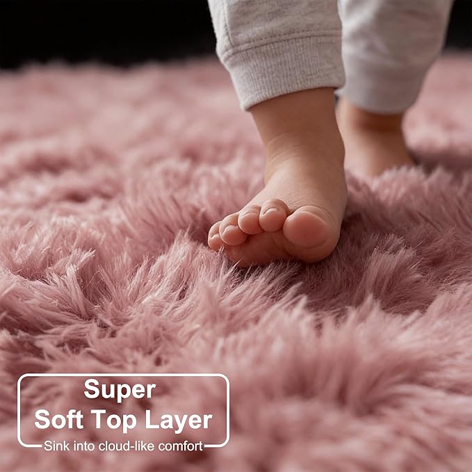 Blush Fluffy Round Rug 5Ft for Bedroom, Fuzzy Plush Circle Area Rugs for Baby Kids Room Decor Aesthetic, Shaggy Circular Carpet for Teen Girls Nursery Dorm Playroom, Cute Dusty Rose Mauve Rug