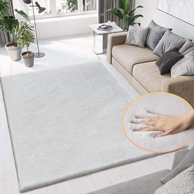 ORINOVA Washable Area Rugs 5x8 Rugs for Living Room Silver Grey Faux Rabbit Fur Rug for Bedroom Faux Sheepskin Rug Teen Room Home Décor