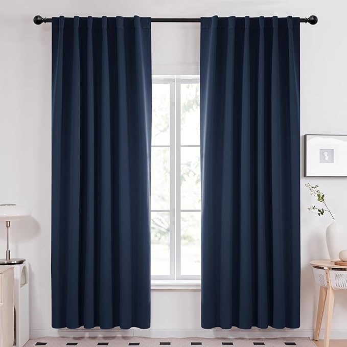 Deconovo Solid Back Tab Curtains Blackout Curtains Thermal Insulated Drapes and Curtains Room Darkening Curtains for Bedroom 52Wx95L Inch Navy Blue 1 Set